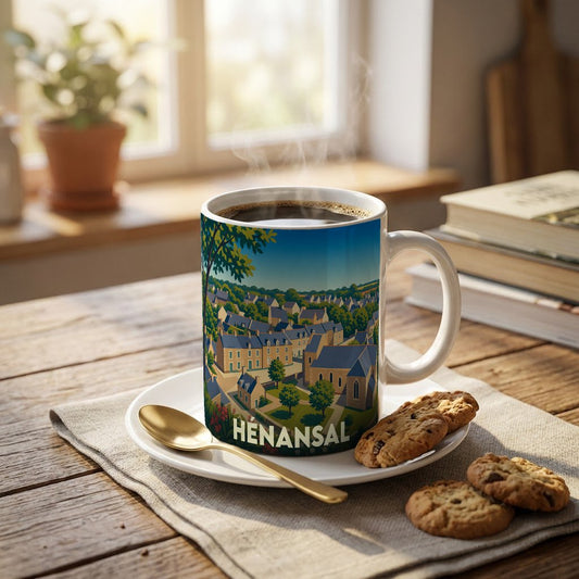 Mug souvenir de la ville de Hénansal orné d'une illustration stylisée du village.