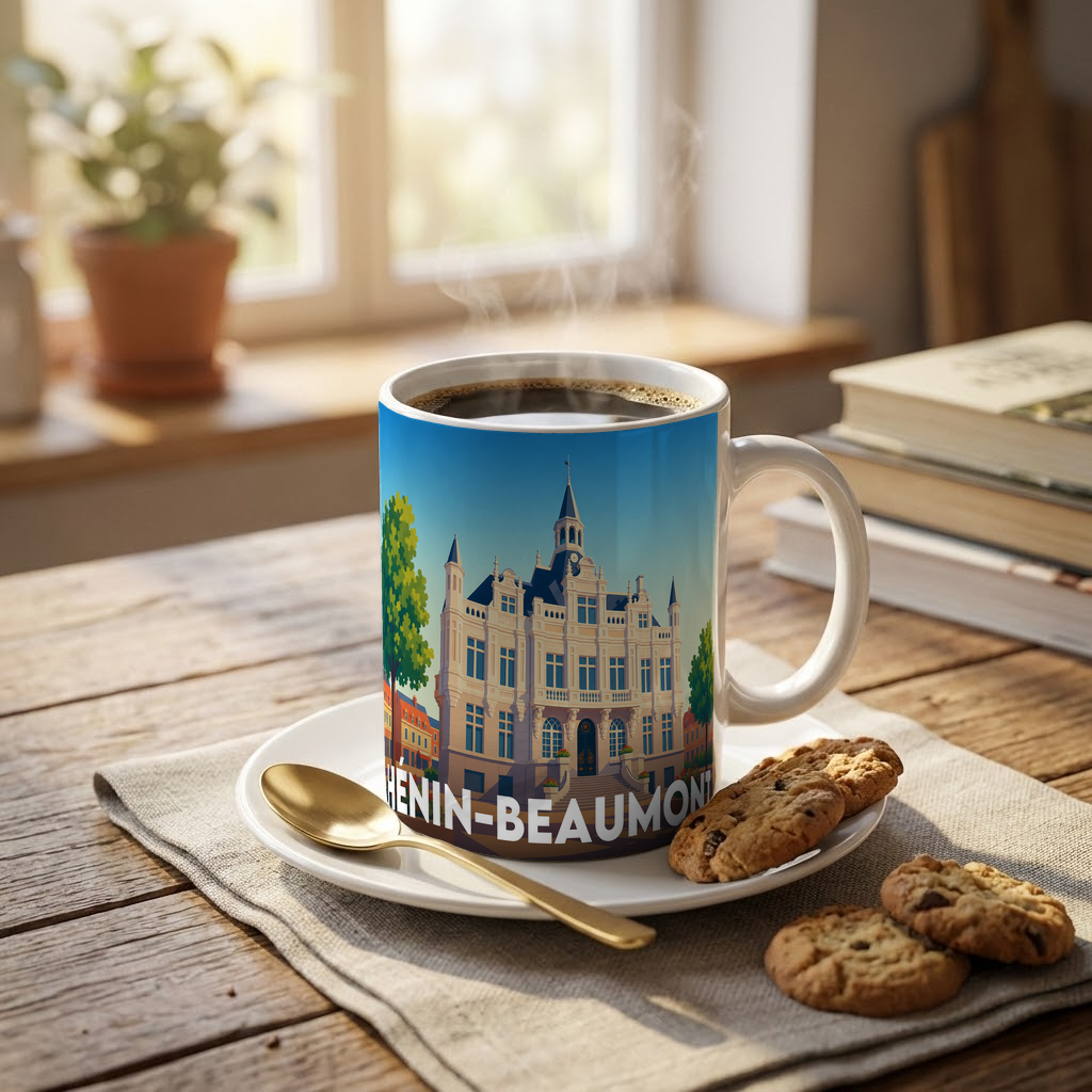 Mug souvenir de la ville de Hénin-Beaumont avec une illustration stylisée.