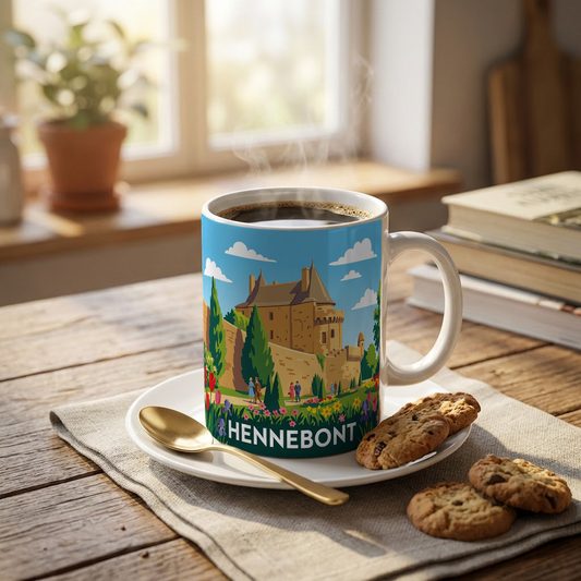 Mug souvenir de la ville de Hennebont avec une illustration stylisée de son château.