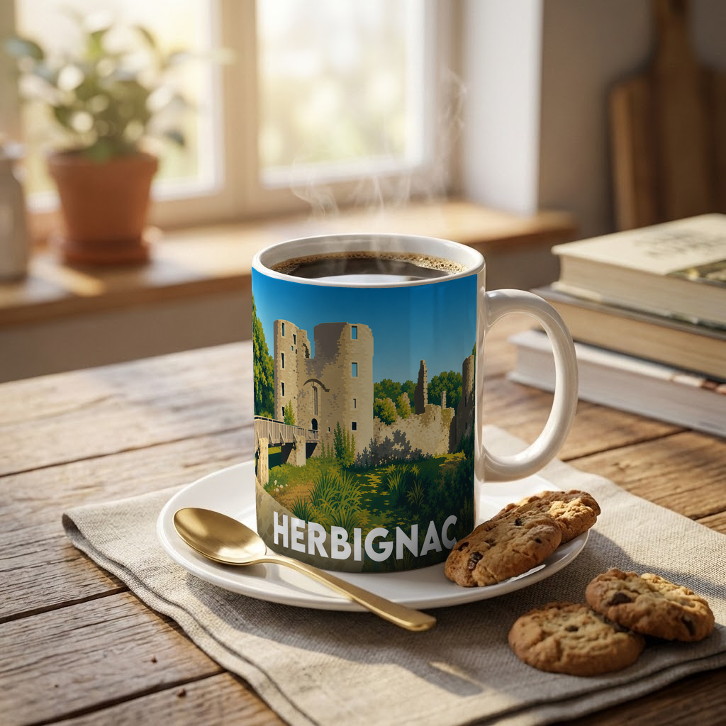 Mug souvenir de la ville de Herbignac orné d'une illustration stylisée de son château médiéval.