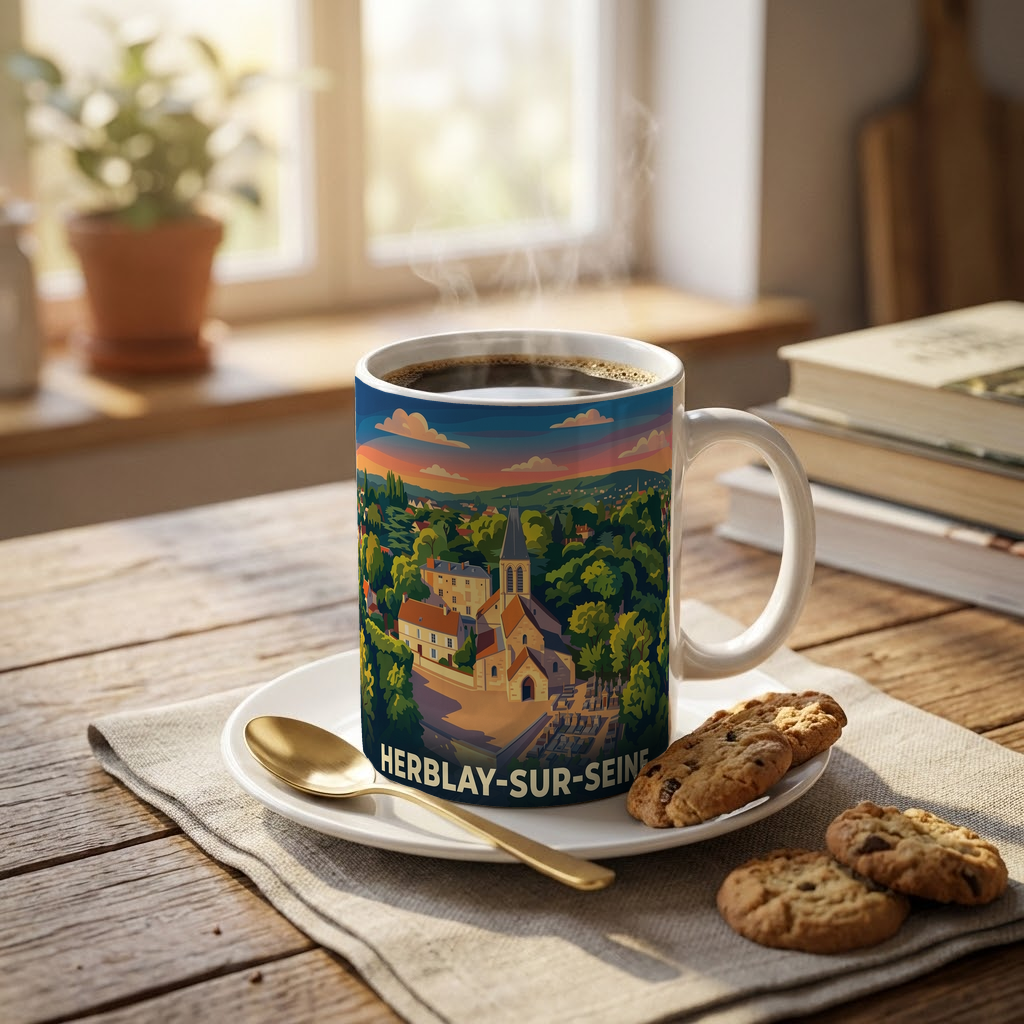 Mug souvenir de la ville de Herblay-sur-Seine avec une illustration stylisée.
