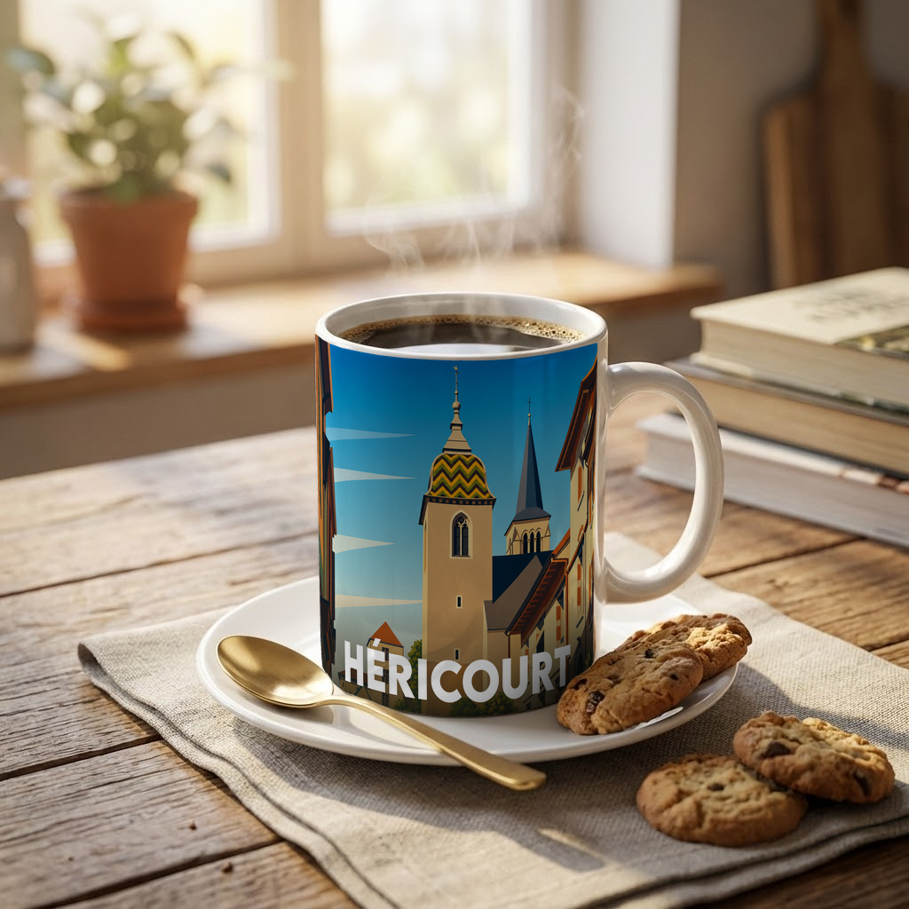 Mug souvenir de la ville de Héricourt avec une illustration stylisée de son patrimoine.