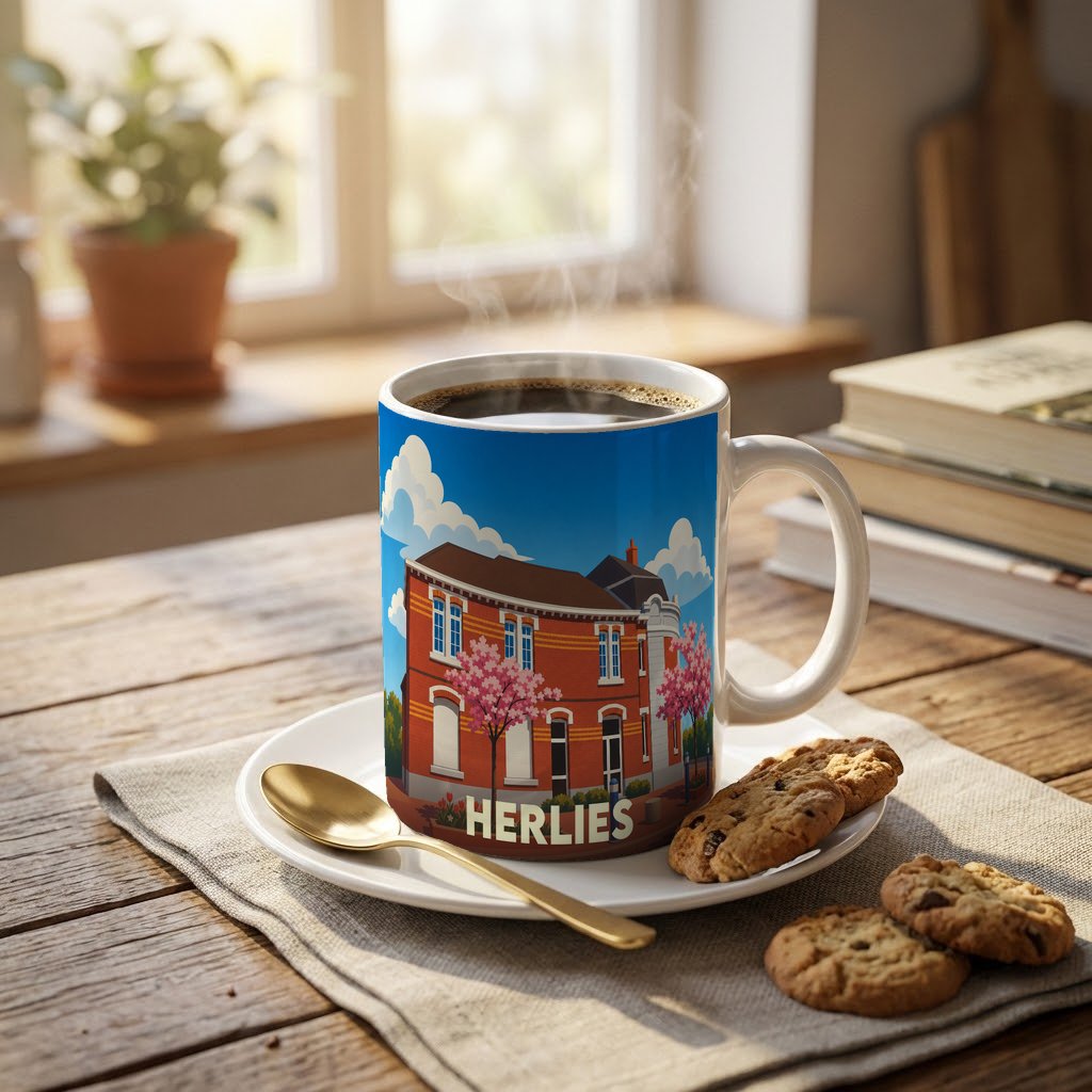 Mug souvenir de la ville de Herlies avec une illustration stylisée d'un bâtiment en briques rouges.