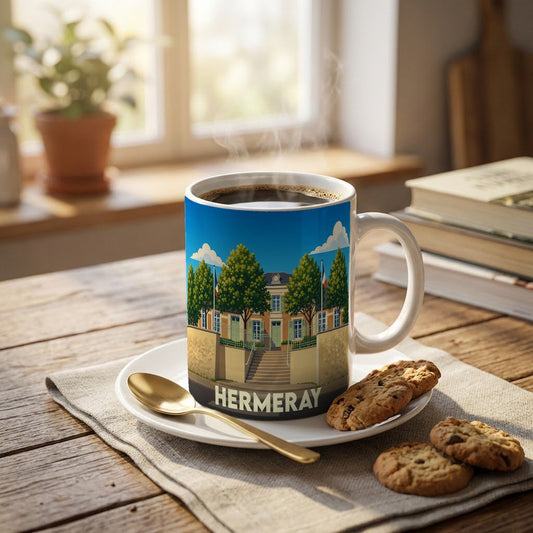 Mug souvenir de la ville de Hermeray avec une illustration stylisée de son architecture.