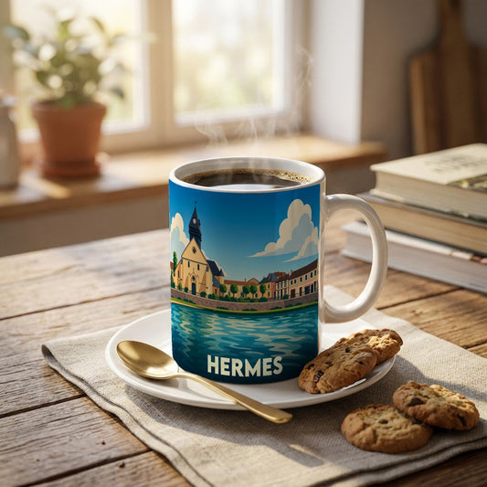 Mug souvenir de la ville de Hermes avec une illustration stylisée d'un paysage urbain au bord de l'eau.
