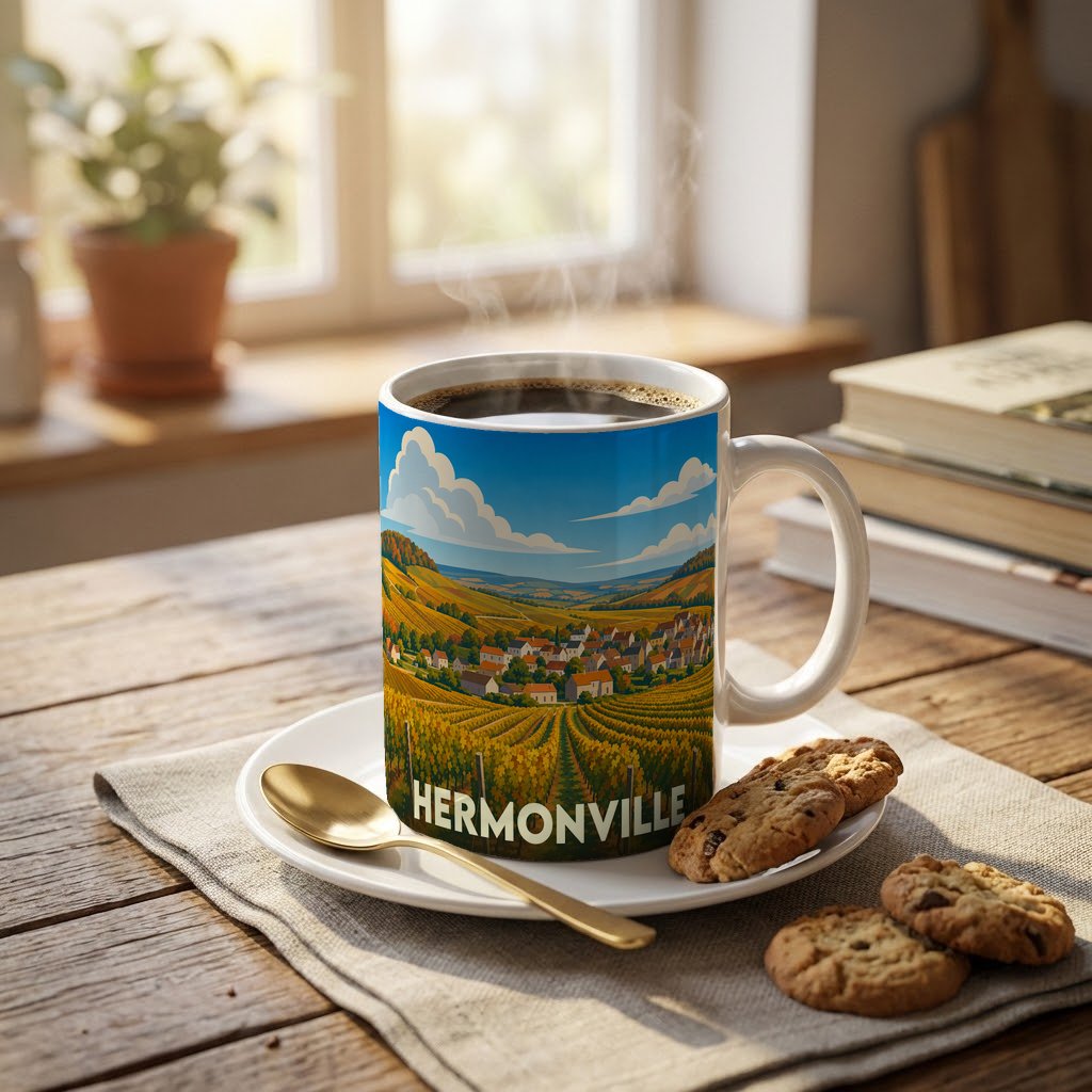 Mug souvenir de la ville de Hermonville orné d'une illustration stylisée de ses vignobles.