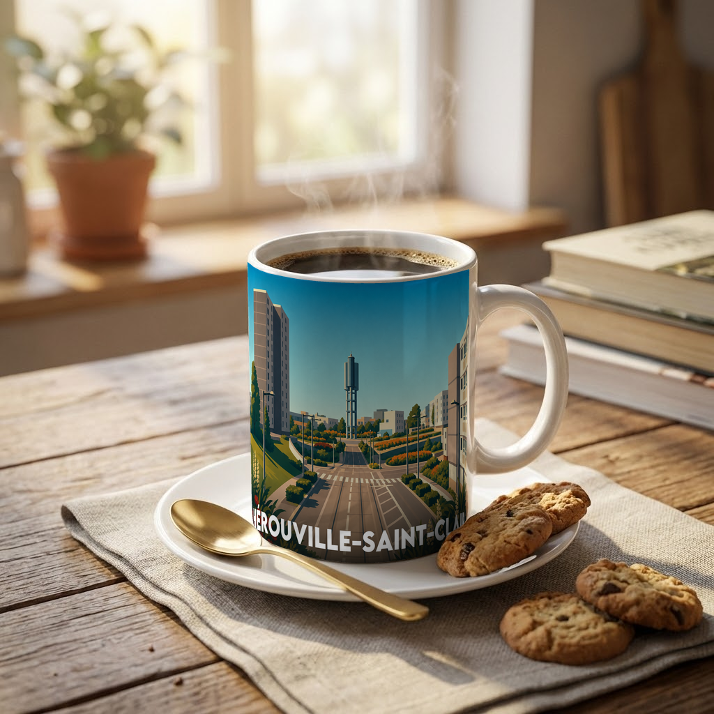 Mug souvenir de la ville de Hérouville-Saint-Clair avec une illustration urbaine stylisée.