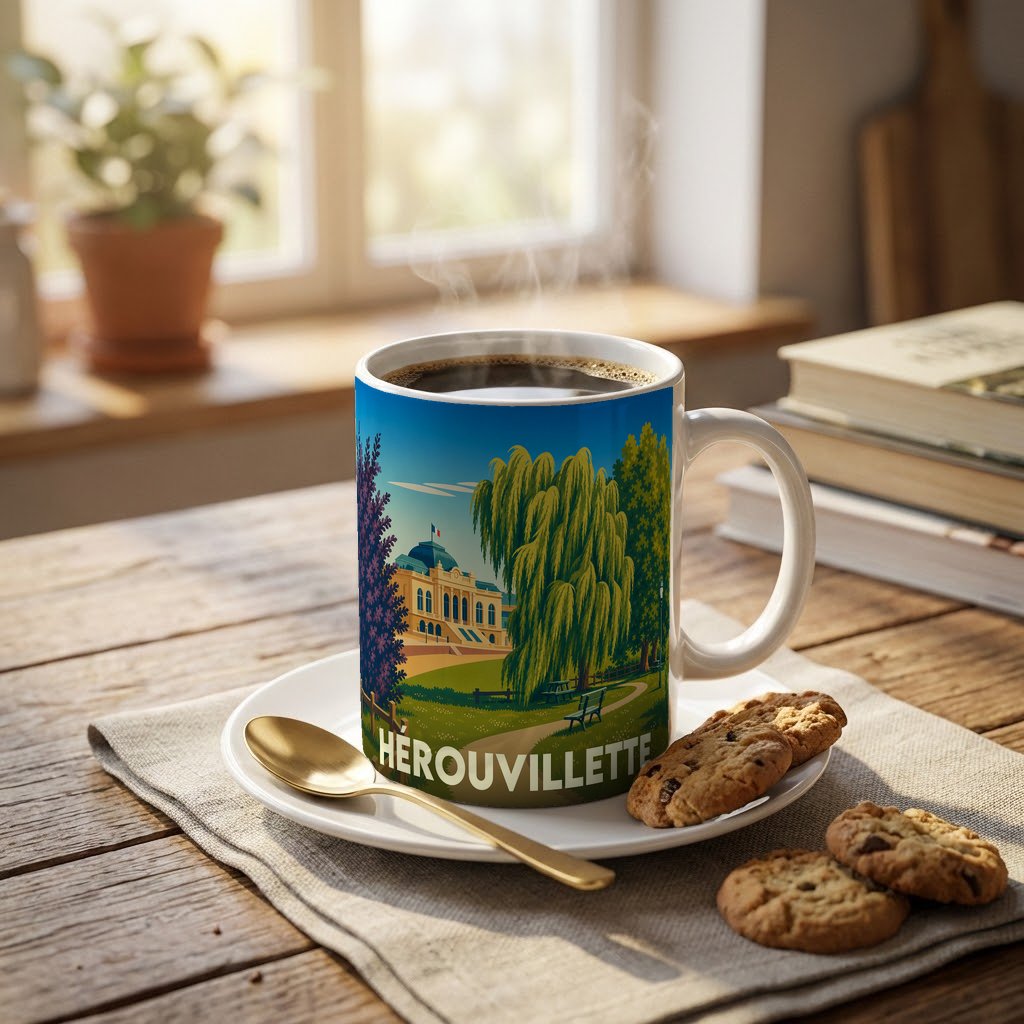 Mug souvenir de la ville de Hérouvillette orné d'une illustration stylisée d'un parc paysager.