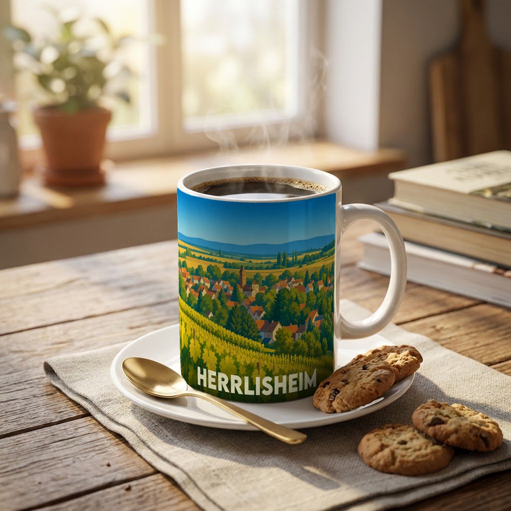 Mug souvenir de la ville de Herrlisheim orné d'une illustration stylisée de son paysage et de ses vignobles.