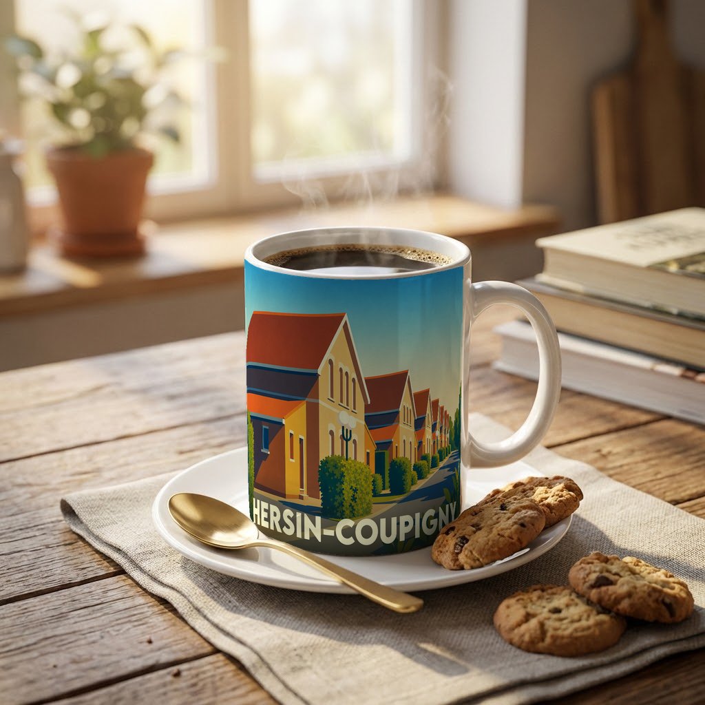 Mug souvenir de la ville de Hersin-Coupigny avec une illustration stylisée de maisons colorées.