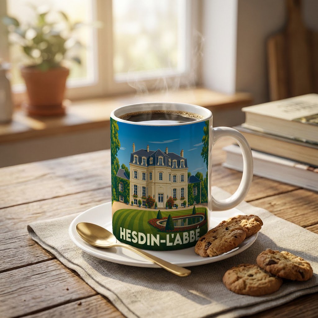 Mug souvenir de la ville de Hesdin-l'Abbé orné d'une illustration stylisée d'un château.