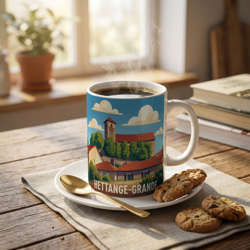 Mug souvenir de la ville de Hettange-Grande avec une illustration stylisée.