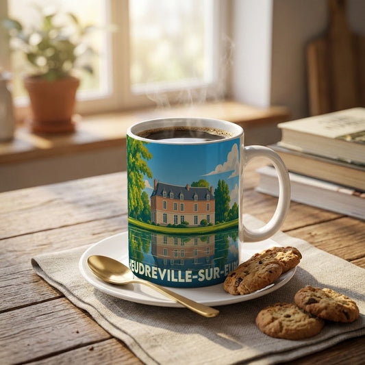 Mug souvenir de la ville de Heudreville-sur-Eure orné d'une illustration stylisée d'un château se reflétant dans l'eau.