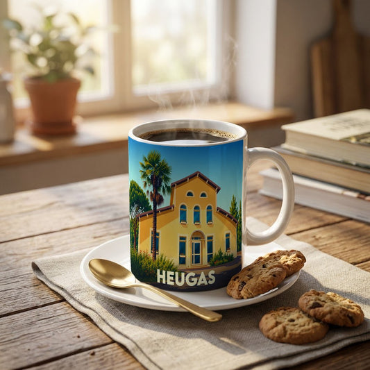 Mug souvenir de la ville de Heugas avec une illustration stylisée d'une maison landaise sous un palmier.
