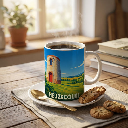 Mug souvenir de la ville de Heuzecourt orné d'une illustration stylisée d'une tour dans la campagne.