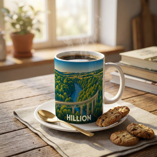 Mug souvenir de la ville de Hillion avec une illustration stylisée représentant un viaduc et une rivière.