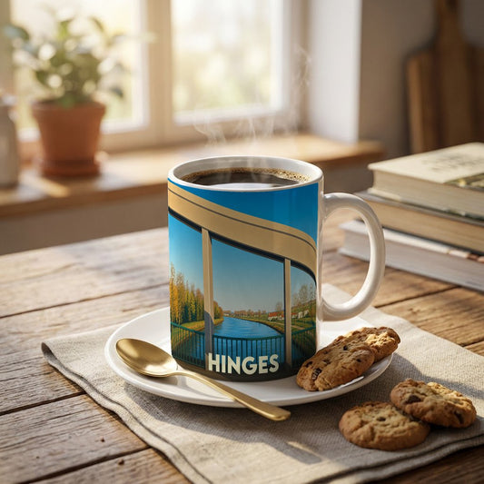 Mug souvenir de la ville de Hinges avec une illustration stylisée d'un canal sous un pont.
