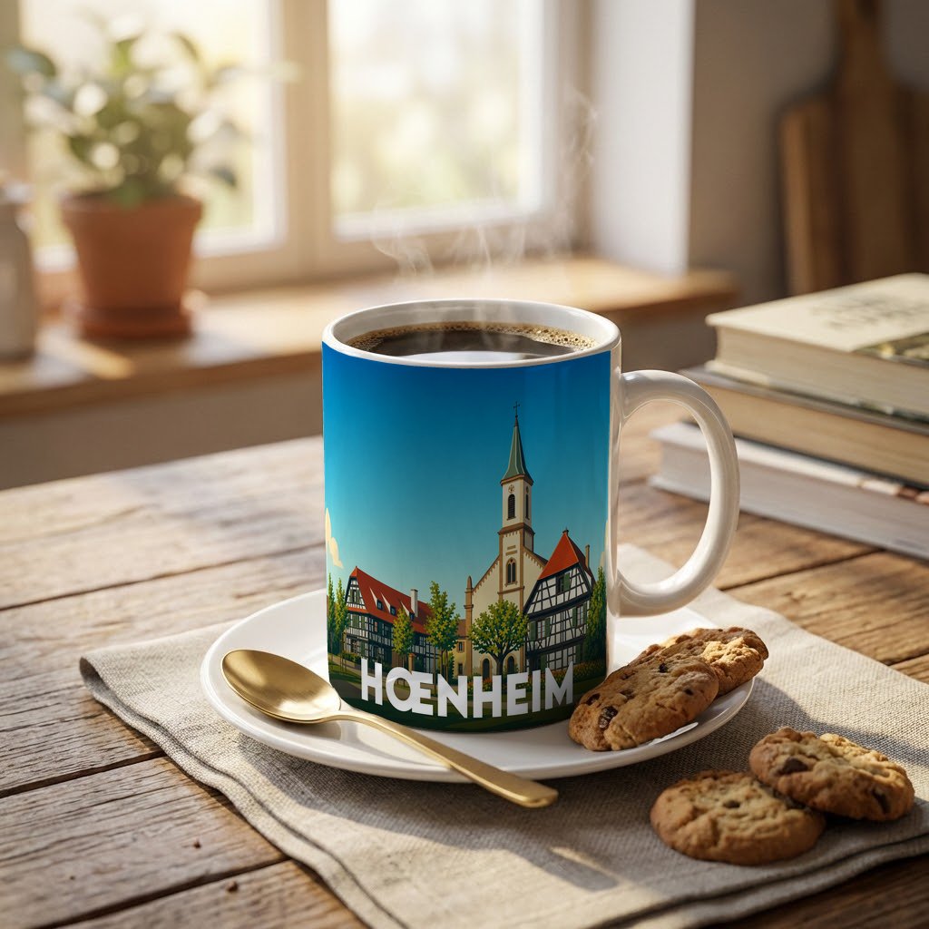 Mug souvenir de la ville de Hœnheim avec une illustration stylisée.