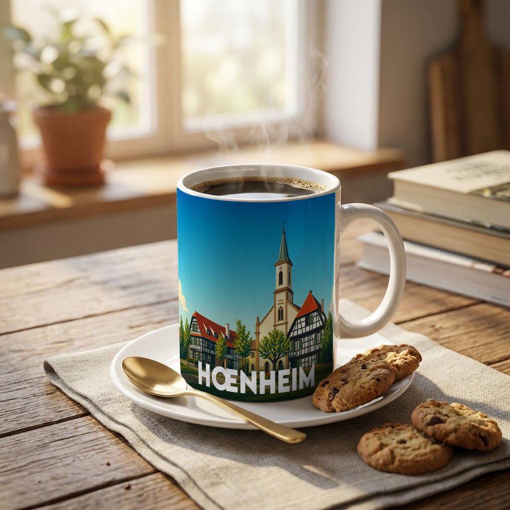 Mug souvenir de la ville de Hœnheim avec une illustration stylisée.