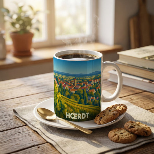 Mug souvenir de la ville de Hœrdt avec une illustration stylisée de paysages et de vignobles.
