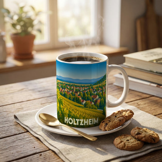 Mug souvenir de la ville de Holtzheim illustré d'un paysage de vignobles et de maisons typiques.