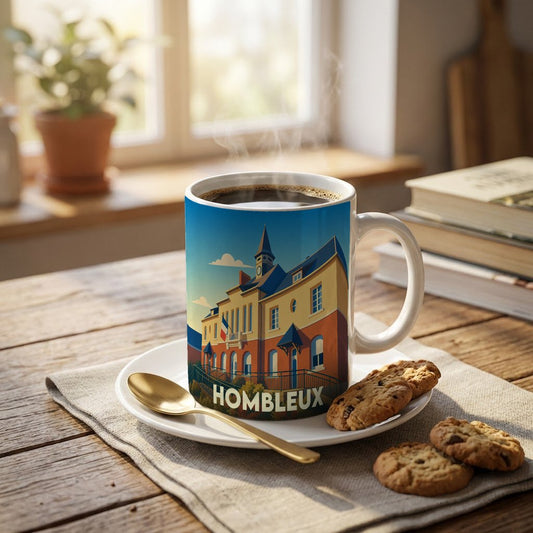 Mug souvenir de la ville de Hombleux avec une illustration stylisée de son hôtel de ville.
