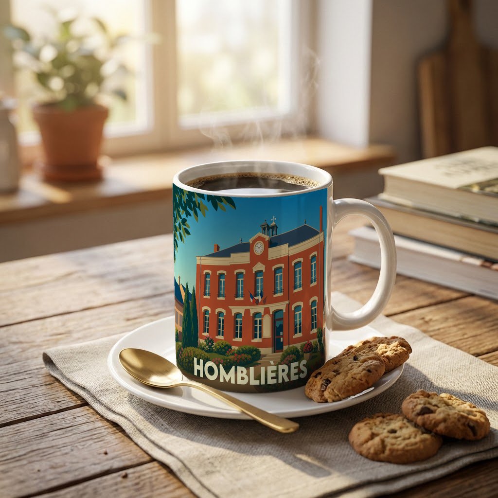 Mug souvenir de la ville de Homblières avec une illustration stylisée d'un bâtiment en briques rouges.