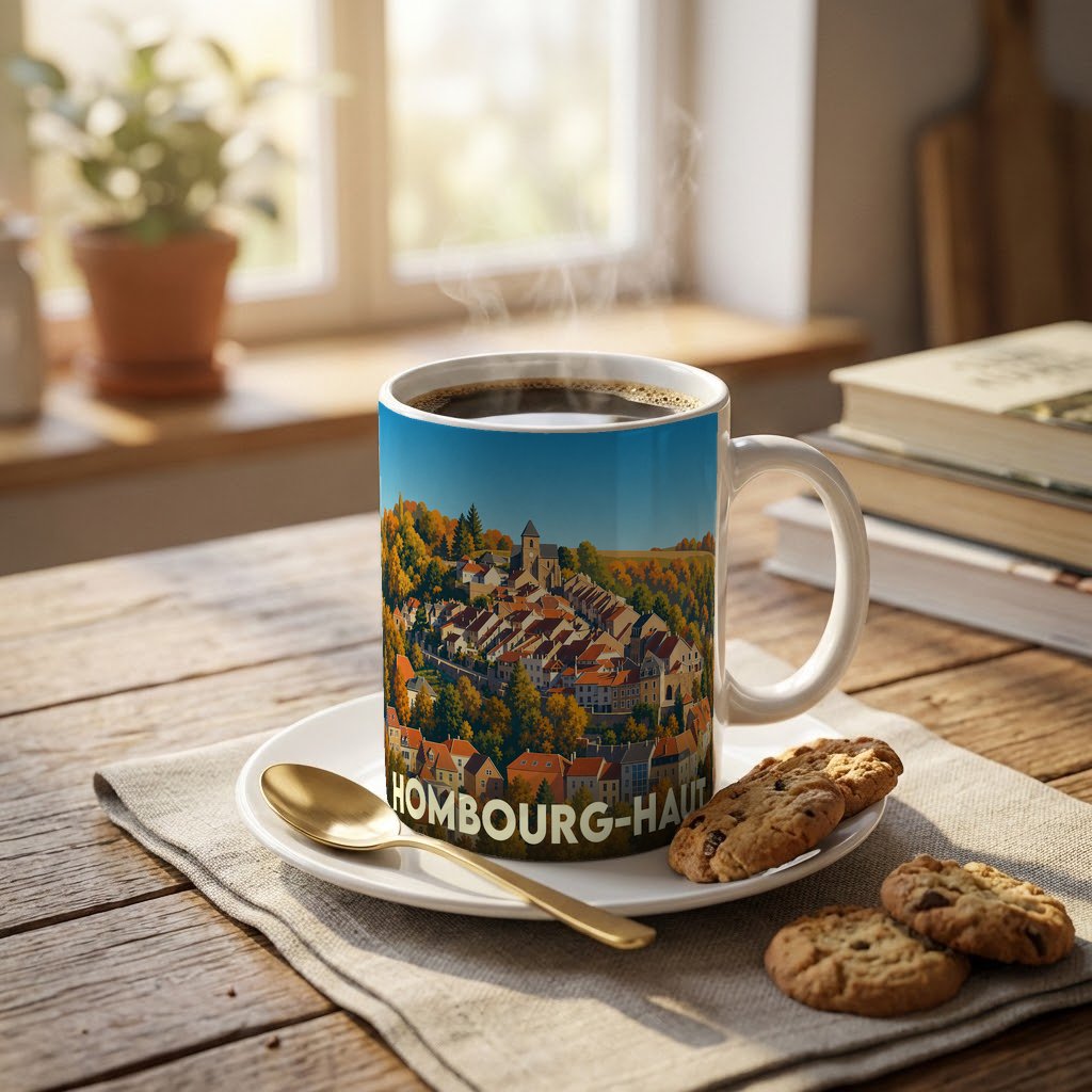 Mug souvenir de la ville de Hombourg-Haut orné d'une illustration panoramique et colorée.