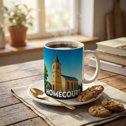 Mug souvenir de la ville de Homécourt illustré par une église stylisée sous un ciel bleu.
