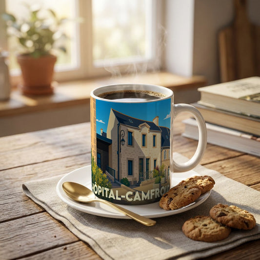 Mug souvenir de la ville de L'Hôpital-Camfrout avec une illustration stylisée de maisons bretonnes.