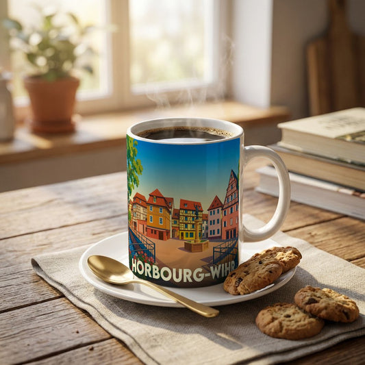 Mug souvenir de la ville de Horbourg-Wihr avec une illustration colorée et stylisée de ses maisons à colombages.