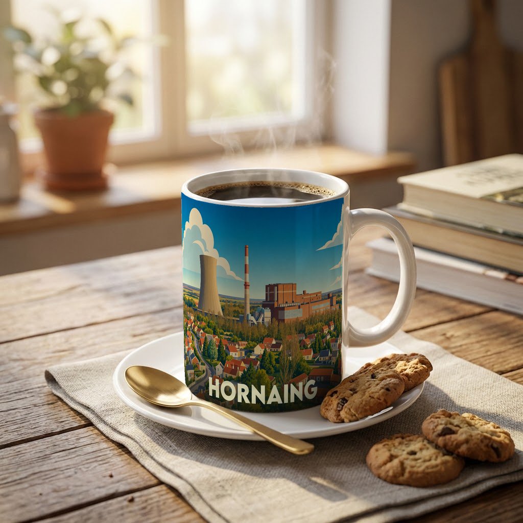 Mug souvenir de la ville de Hornaing illustré par un paysage urbain et industriel stylisé.
