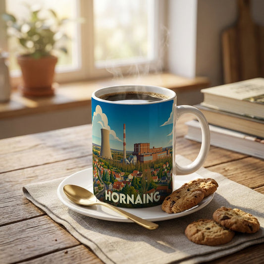 Mug souvenir de la ville de Hornaing illustré par un paysage urbain et industriel stylisé.