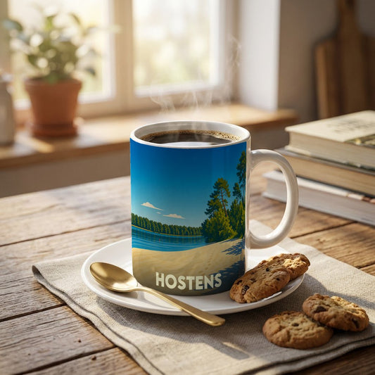 Mug souvenir de la ville de Hostens orné d'une illustration stylisée de son lac et de sa plage.