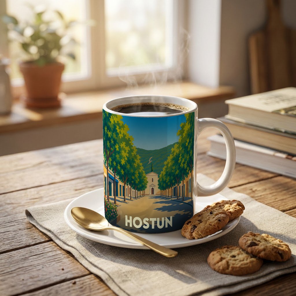 Mug souvenir de la ville de Hostun avec une illustration stylisée d'une rue arborée menant à une église.