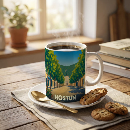 Mug souvenir de la ville de Hostun avec une illustration stylisée d'une rue arborée menant à une église.
