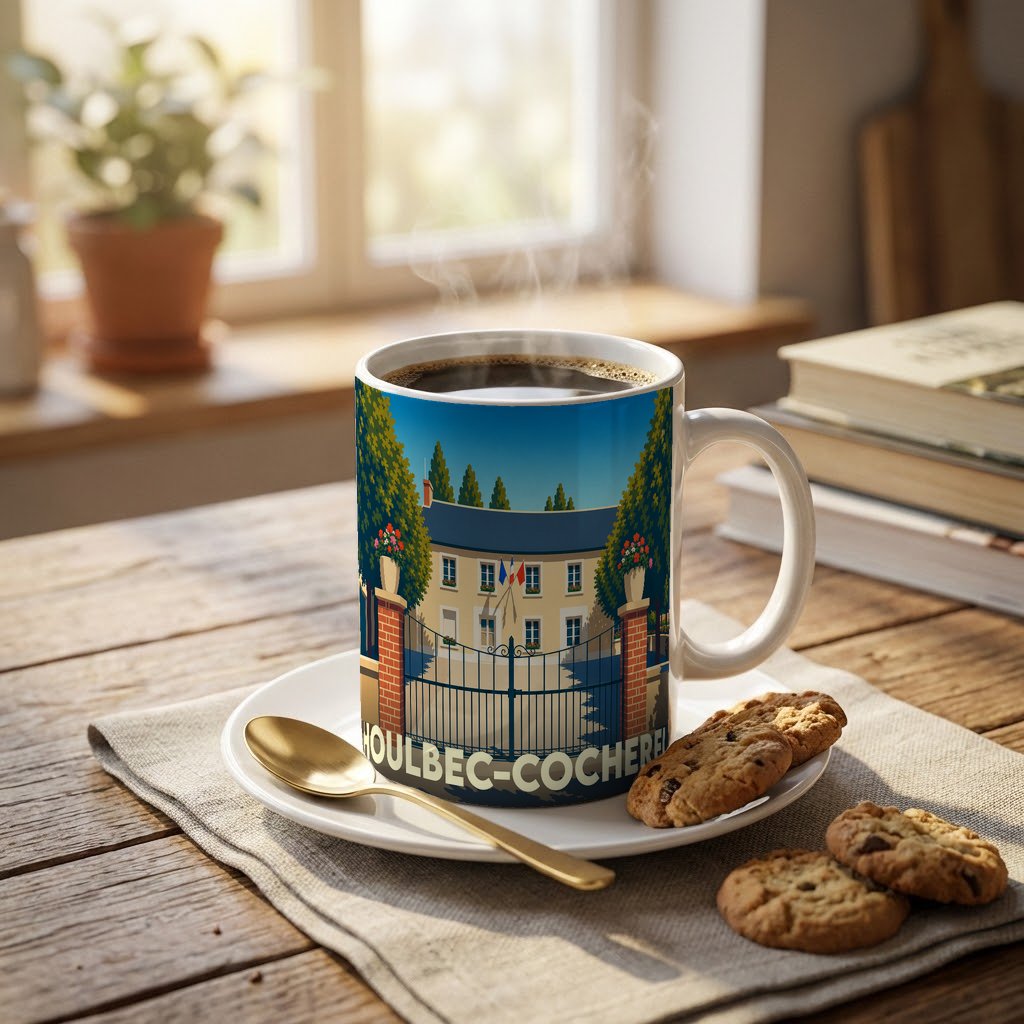 Mug souvenir de la ville de Houlbec-Cocherel orné d'une illustration stylisée de sa mairie.