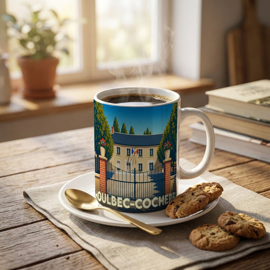 Mug souvenir de la ville de Houlbec-Cocherel orné d'une illustration stylisée de sa mairie.
