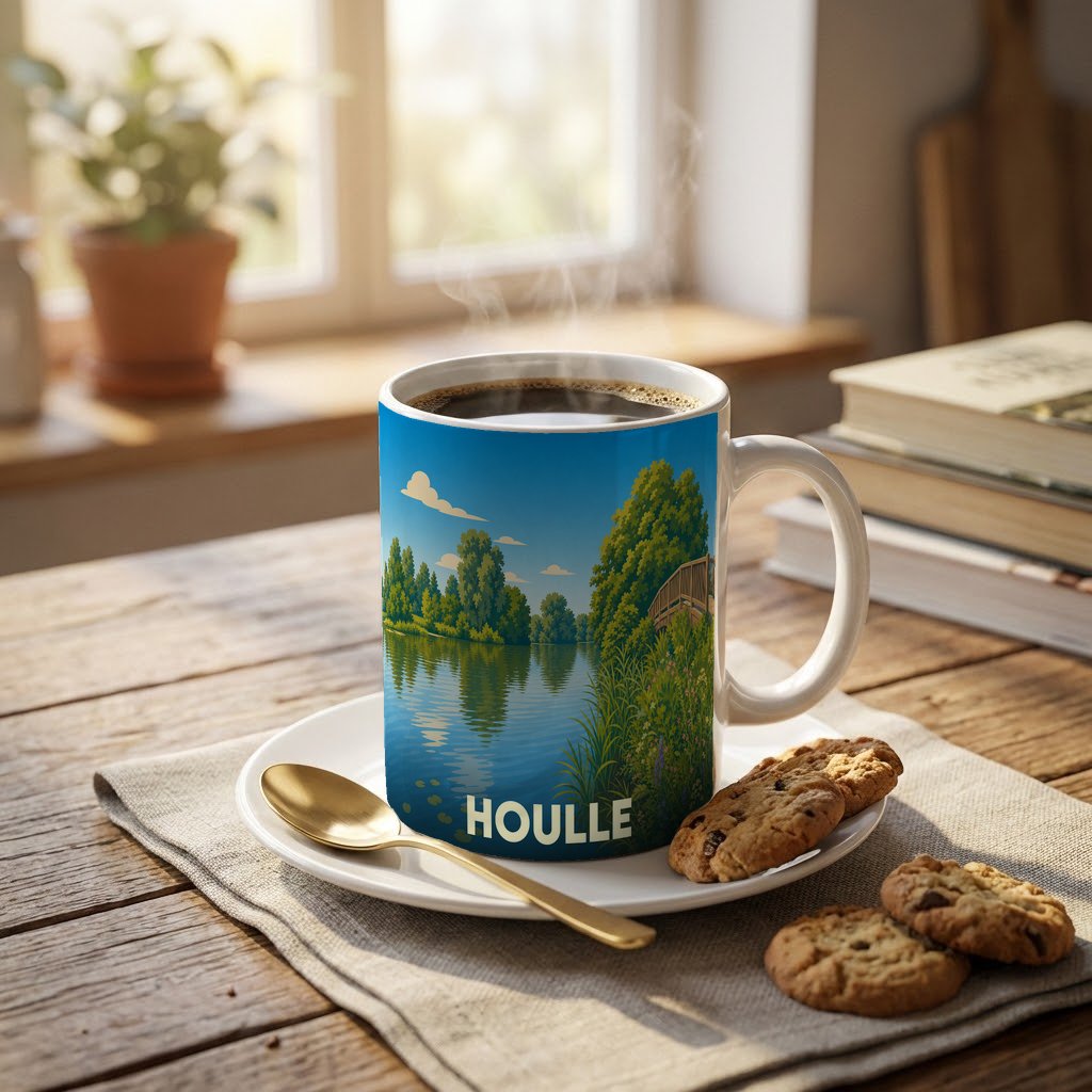 Mug souvenir de la ville de Houlle avec une illustration stylisée d'un paysage de rivière.