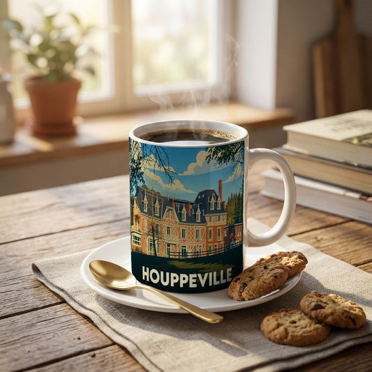 Mug souvenir de la ville de Houppeville avec une illustration stylisée d'un manoir normand.