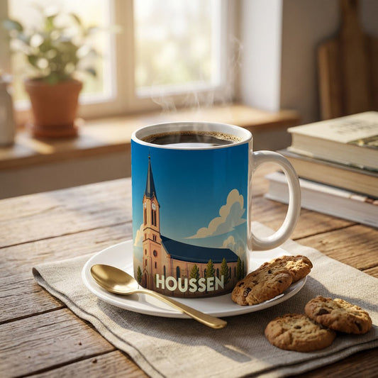 Mug souvenir de la ville de Houssen avec une illustration stylisée de son église.