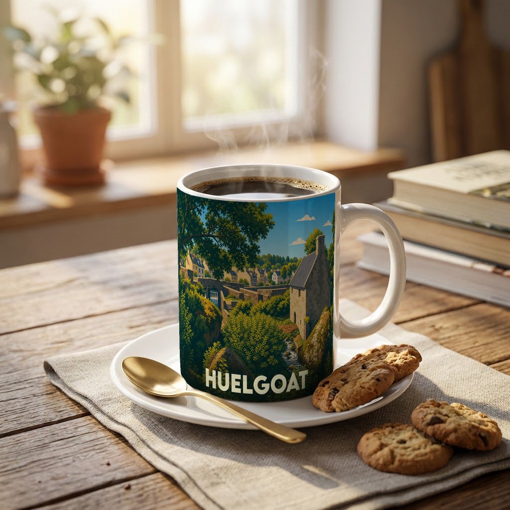 Mug souvenir de la ville de Huelgoat arborant une illustration stylisée de ses paysages typiques.
