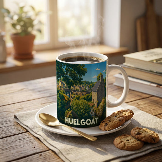 Mug souvenir de la ville de Huelgoat arborant une illustration stylisée de ses paysages typiques.