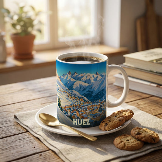 Mug souvenir de la ville de Huez illustré par un paysage de montagne enneigé.