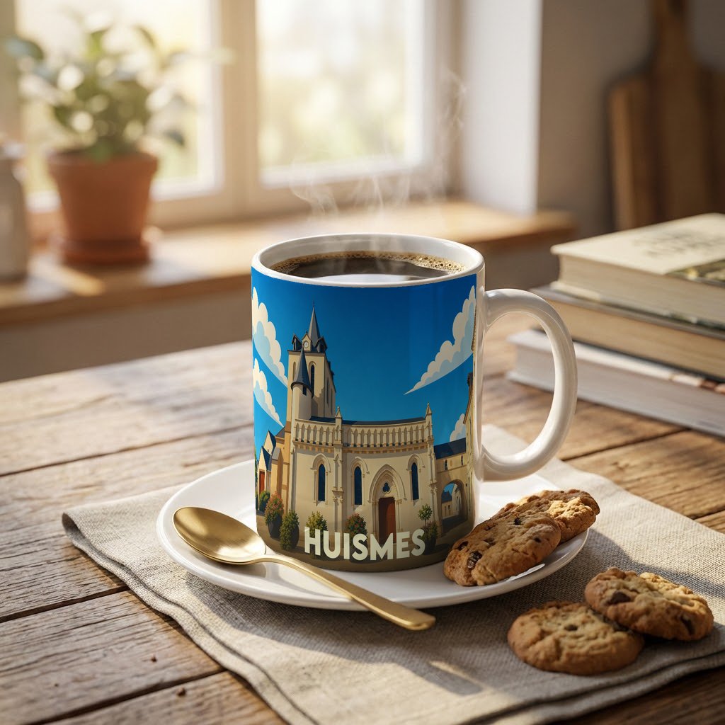 Mug souvenir de la ville de Huismes avec une illustration stylisée de son église.