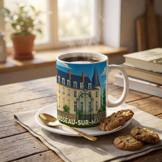 Mug souvenir de la ville de Huisseau-sur-Mauves avec une illustration stylisée de son château.