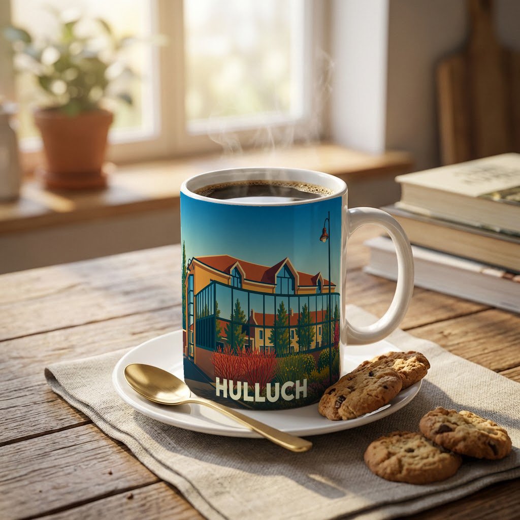 Mug souvenir de la ville d'Hulluch avec une illustration stylisée d'un bâtiment moderne.