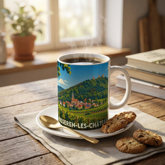 Mug souvenir de Husseren-les-Châteaux orné d'une illustration stylisée de la commune et de ses vignobles.
