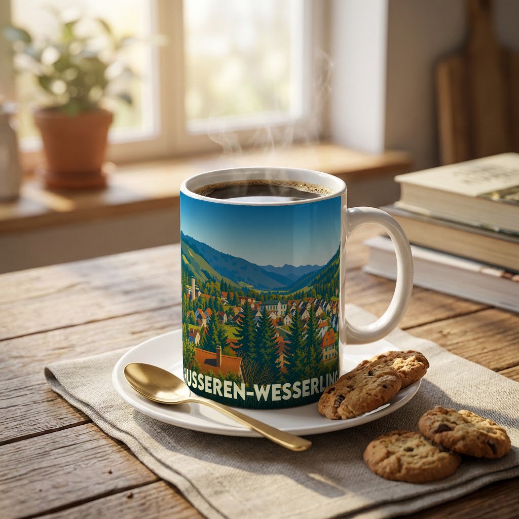 Mug souvenir de la ville de Husseren-Wesserling orné d'une illustration de paysage montagnard.