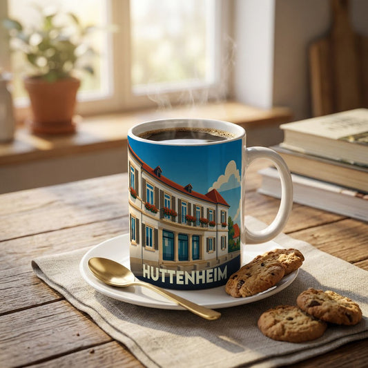 Mug souvenir de la ville de Huttenheim avec une illustration stylisée de bâtiments traditionnels alsaciens.